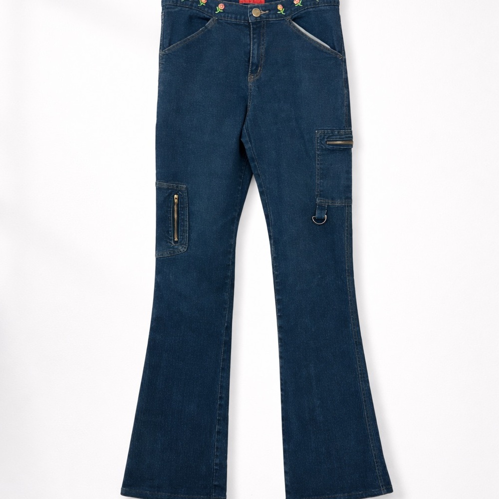 Vintage Y2K Juniors 13/14 Tall Cargo Flare Dark Blue Jeans Floral Waist